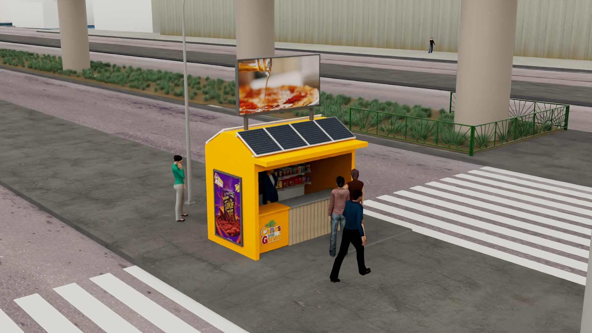 Vista lateral del quiosco con panel publicitario